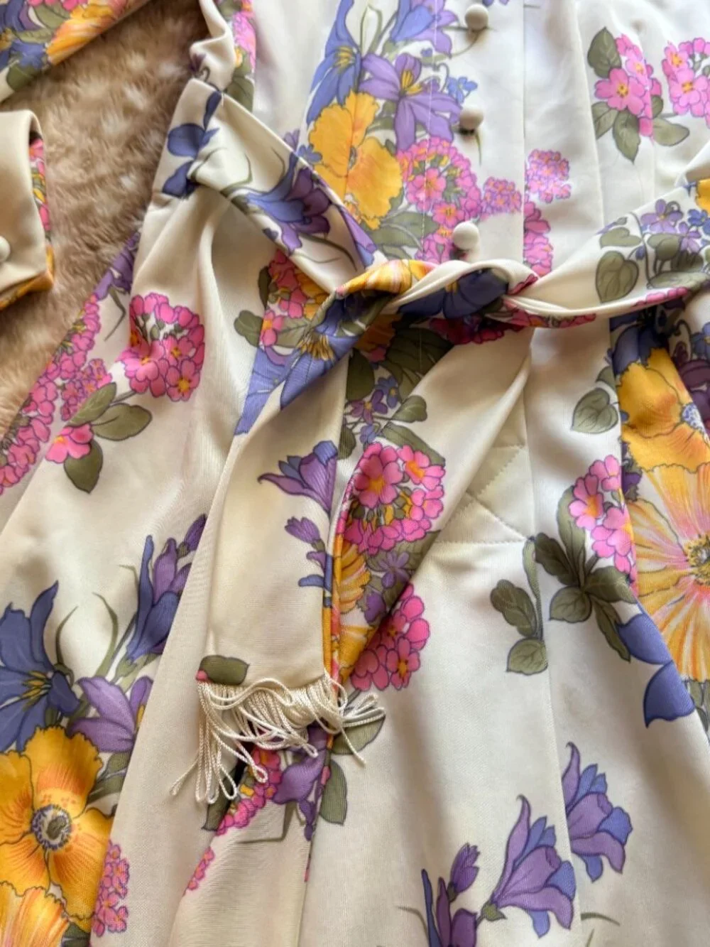 M Leslie Fay Vintage 70s Floral Prairie Maxi Dress Fringe Tie